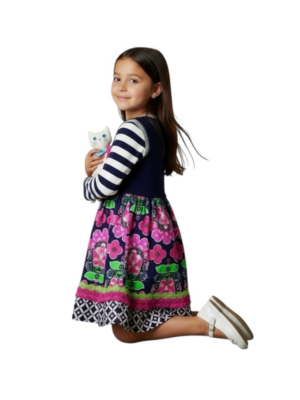 Navy & Pink Floral Stripe Girls' Casual Sweater Dress with Decorative Flower - Picture 4 of 14